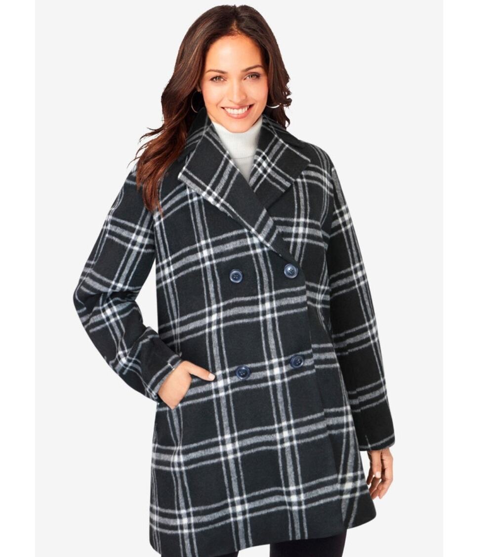 Buffalo Plaid Wool Blend Peacoat Rob Roy Tartan 16W Black Pocket Academia Preppy